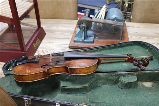 A 19th century violin, two piece back, cased with a later bow